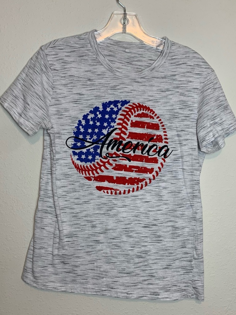 Womens 'America' Graphic Tee - Light Gray with Red & Blue Baseball‎ Design Small